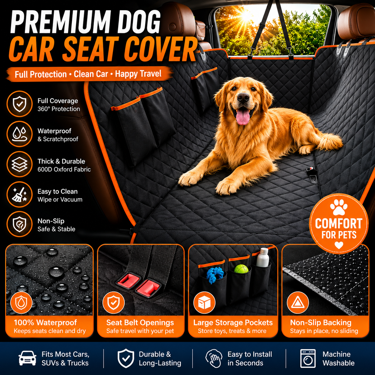 PawLuxe™ Premium Waterproof Dog Car Seat Protector