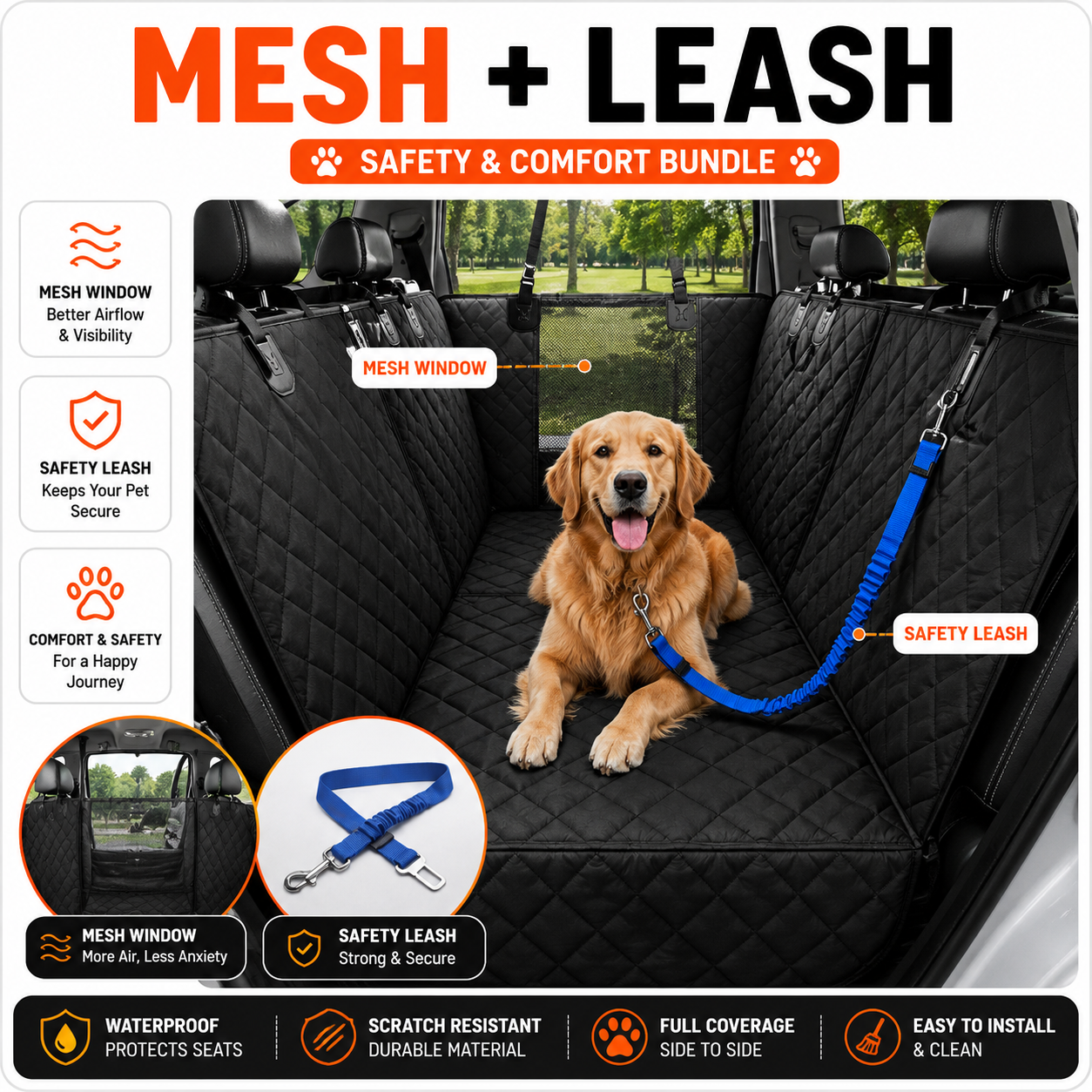 PawLuxe™ Premium Waterproof Dog Car Seat Protector